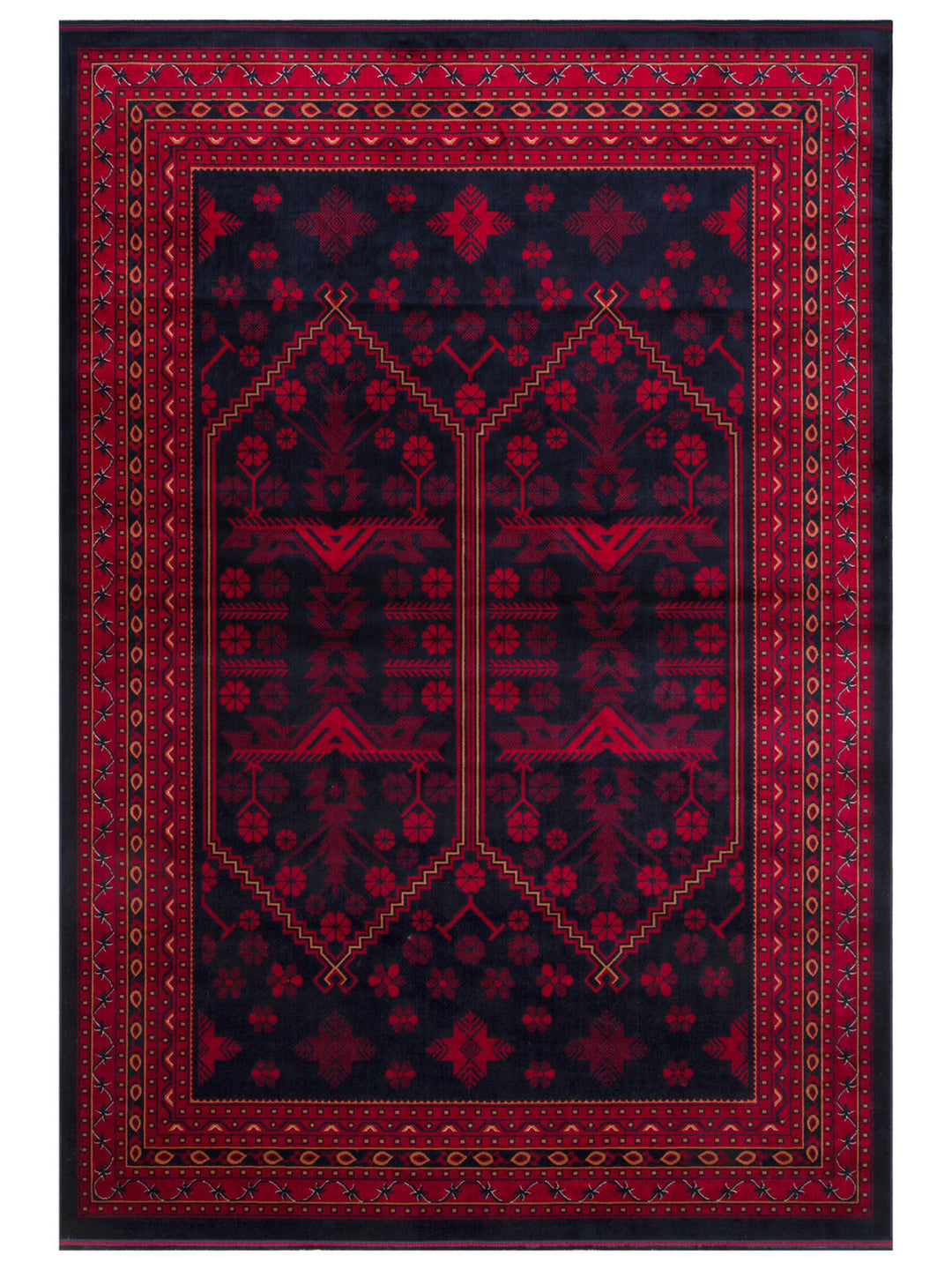 Paghman Series Afghan Patterned Viscose Dense Woven Non-Slip Based Thin Machine-Made Carpet 01 NAVY