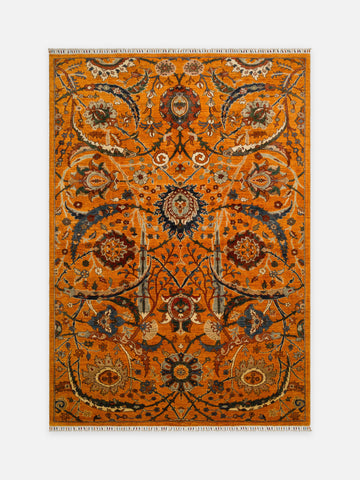 El dokuma Afgan halı turuncu kıvrım dal ve palmet 202x289 cm kuşbakışı tam görünüm