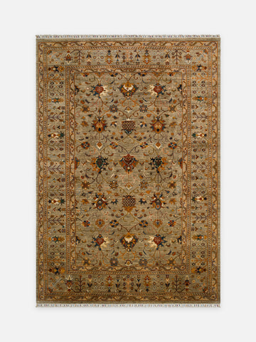 El dokuma Afgan halı adaçayı yeşili sultanabad çiçek 208x301 cm kuşbakışı tam görünüm