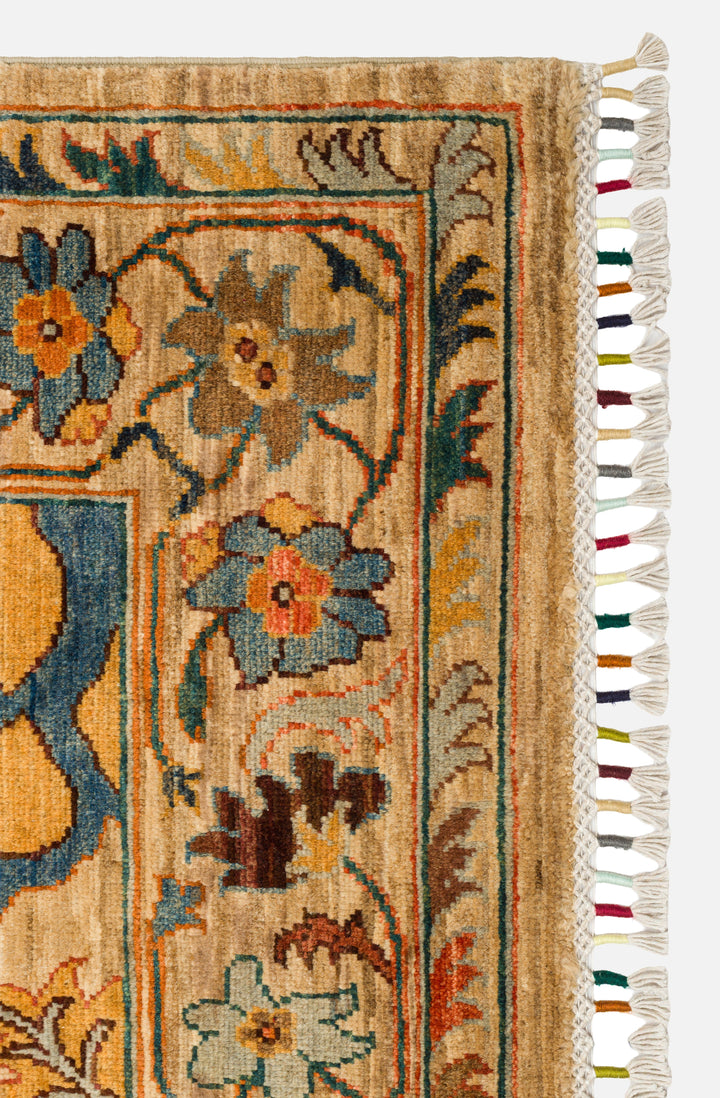 El dokuma Afgan halı bej figürlü cennet bahçesi 246x308 cm kenar ve saçak detayı