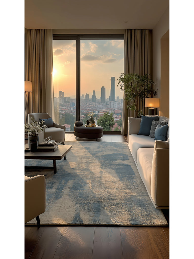 Palette Series 100% Natural Wool Viscose Cotton Hand Woven Scandinavian Living Room Carpet BEIGE BLUE