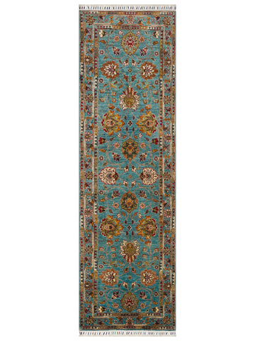 El dokuma Afgan halı petrol mavisi bitkisel desen 85x271 cm