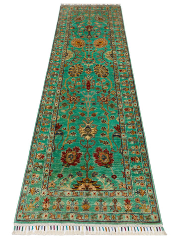 El dokuma Afgan halı turkuaz bitkisel desen 81x251 cm
