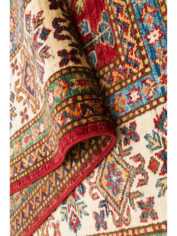 El dokuma Afgan Kazak halı kırmızı geometrik madalyon 171 x 244 cm arka yüz