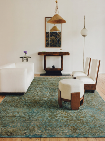 Indischer handgefertigter Teppich Einteilig Wolle und Seide Jaipur Lacuna Modern Overdyed Wohnzimmer Antikes Himmelblau