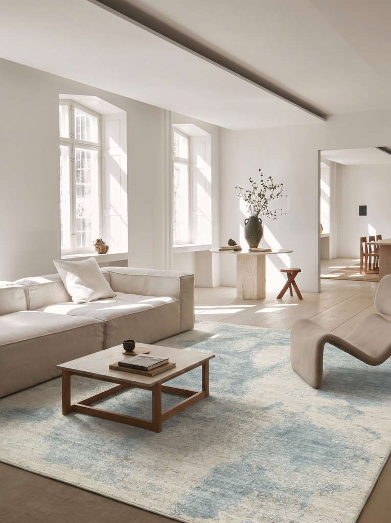 Tapis Palette série 100% laine naturelle, viscose, coton fait main style scandinave pour salon, séjour BEIGE BLEU